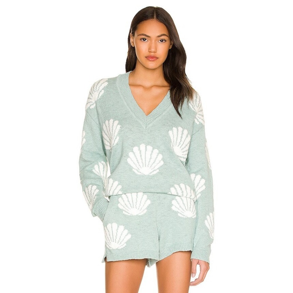 Show Me Your Mumu Gilligan Sweater Womens Medium Green Seashell V-Neck Pullover